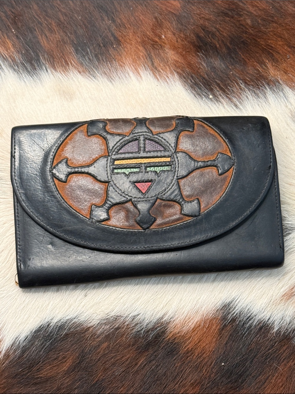 Dark Star vintage Leather Wallet with Embossed Multicolor Medallion
